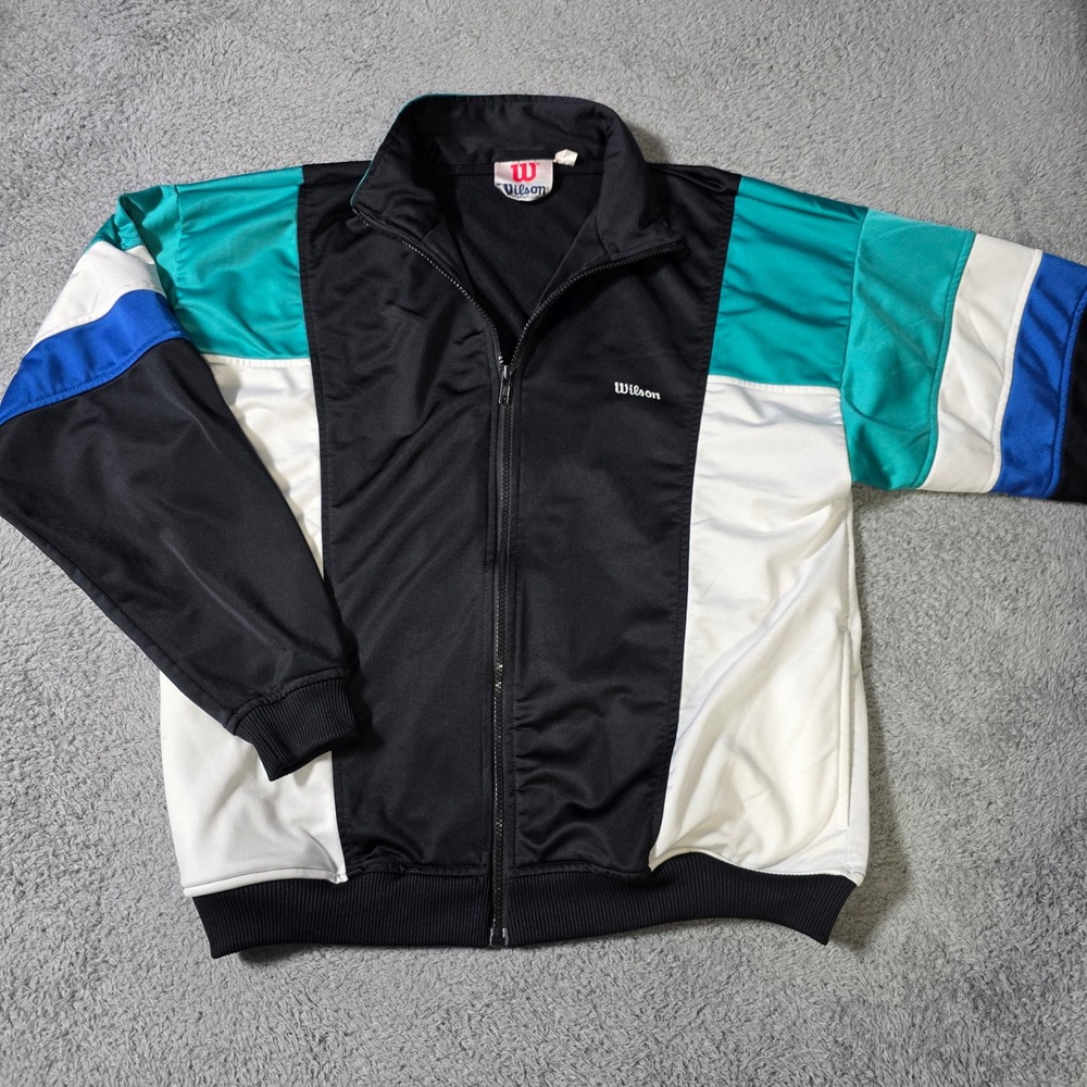 Wilson Mens Large Track Jacket Black White Teal Blue Vintage 90s Colorblock Zip